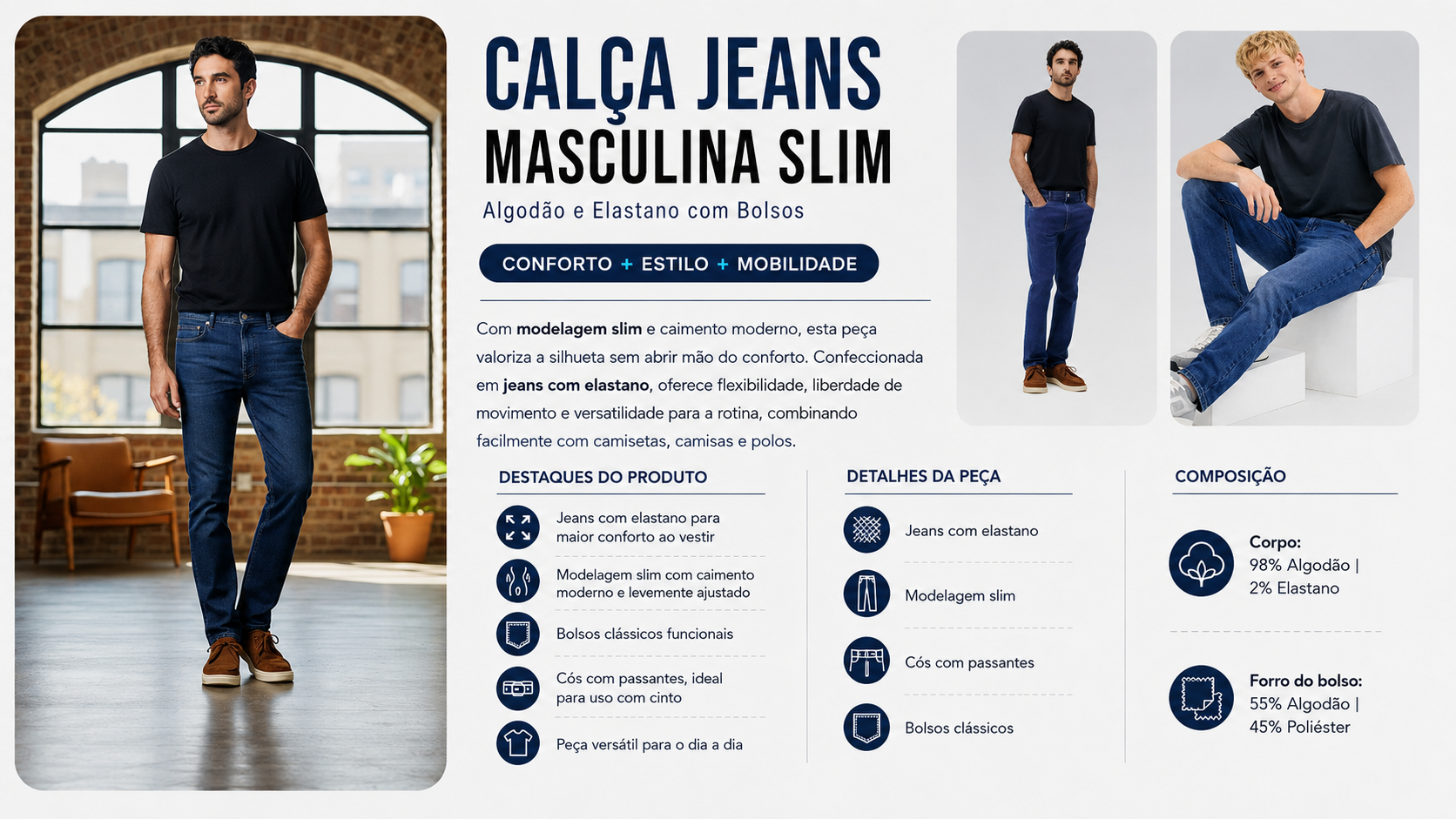 Calça Jeans Masculina Slim Algodão Elastano Bolsos Hering: vale a pena comprar?