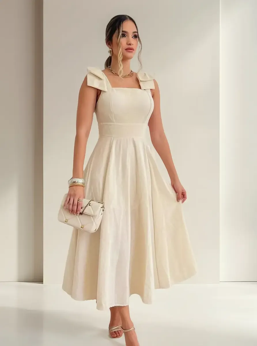 Vestido Midi De Linho Forrado Com Lacinho No Ombro